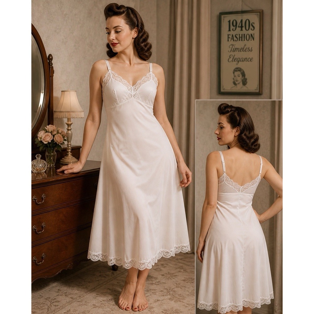 Vintage 1940s Vassarette White Lace Slip Hollywood Lingerie Nightgown (32-43) XS